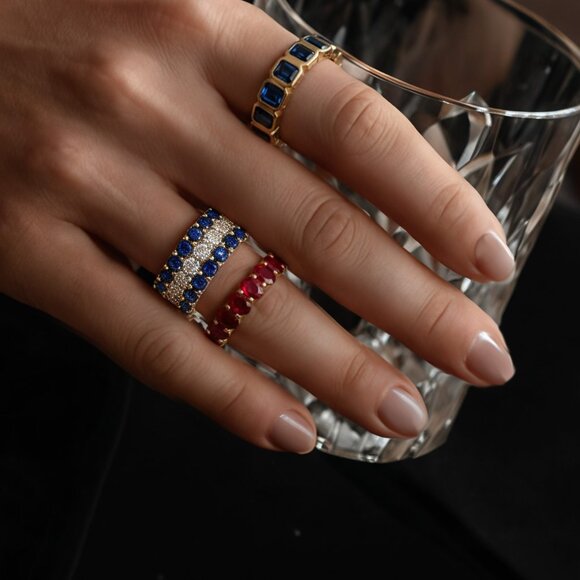 Blue Sapphire 14K (or 18k upon request) Yellow Gold Diamond Eternity Band Ring - Picture 3 of 6